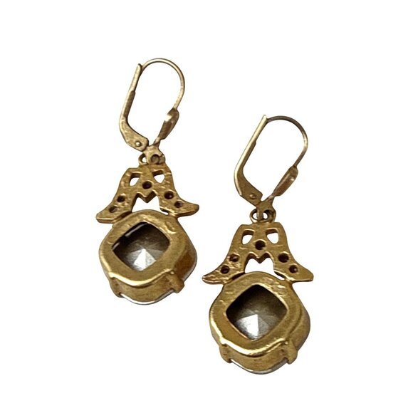 Art Deco Style Rhinestone Drop Earrings Brass Leverback Vintage Dangle 1.5" - Picture 4 of 10